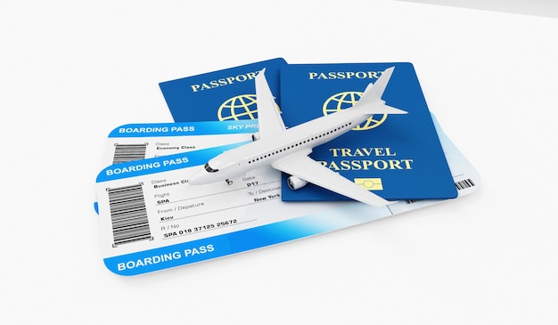 Airline Boarding Pass Tickets mit modernem Passagierflugzeug und Passdokument isoliert