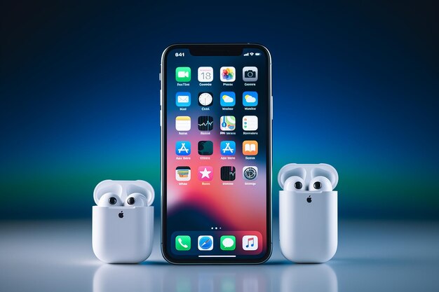 Foto airpods conectados a um smartphone para ouvir podcasts e audiolivros