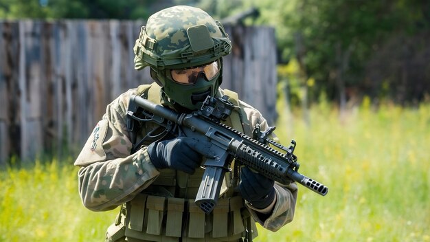 Airsoft-Militärspieler in Tarnuniform mit bewaffnetem Sturmgewehr