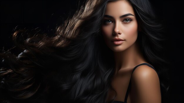 Aislada contra un telón de fondo negro está una mujer impresionante con largo cabello negro ondulado y brillante.