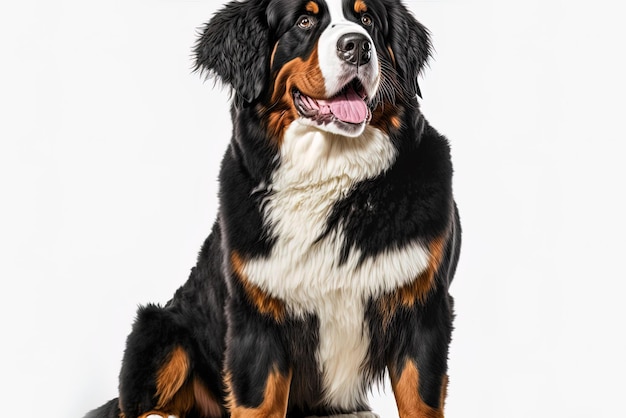 aislado en blanco un perro de montaña bernese de pie que está jadeando