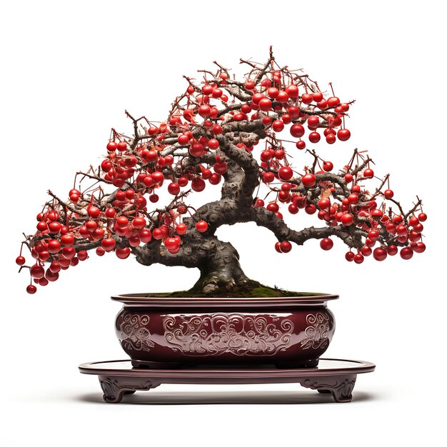 Aislado ciruela bonsái árbol lacado olla hojas dentadas concepto de invierno en blanco BG Japón arte chino