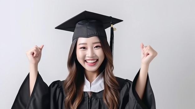 Aislado en un fondo blanco Hermosa mujer asiática atractiva Graduada en toga y birrete Sonriendo tan orgulloso y feliz Concepto de éxito educativo GENERAR AI