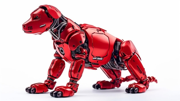 Aislado en un fondo blanco, un perro robot rojo está sentado usando IA generativa