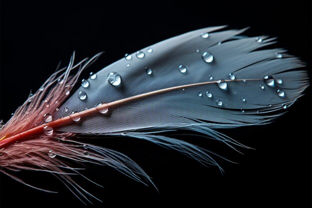 Aislado en una hermosa pluma negra con cautivadoras gotas de agua