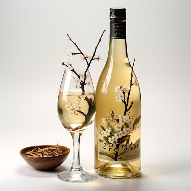 Foto aislado de mirin, un vino de arroz japonés dulce y picante metic vista superior disparada sobre fondo blanco