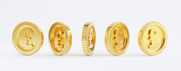 Aislado de monedas de libra esterlina de oro sobre fondo blanco por render 3d.