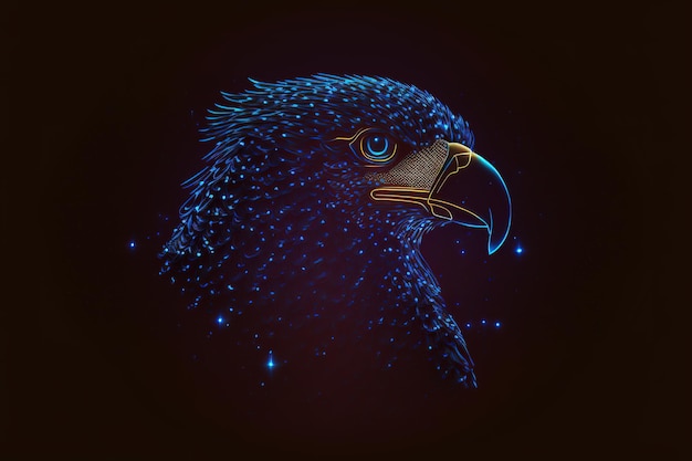 Aislado en el negro de una cabeza de águila americana con un diseño de ilustración de arte de línea brillante azul.