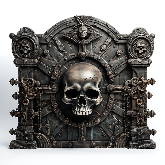 Aislado de la puerta de la mazmorra con diseño de calavera y huesos cruzados Consiste en ideas de concepto de diseño 3D