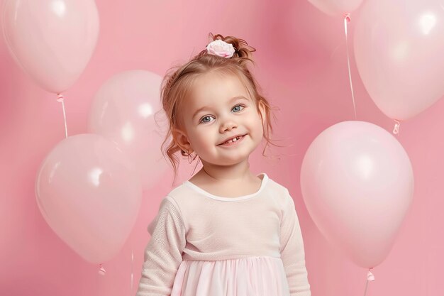 Foto aislado sobre un fondo rosa, un niño pequeño y bonito sostiene globos de aire de color rosa pastel.