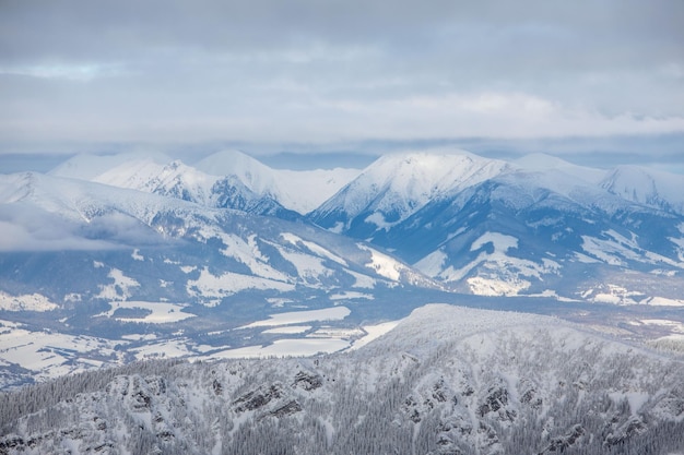 Ajardine a vista panorâmica das montanhas nevadas do tatra do inverno