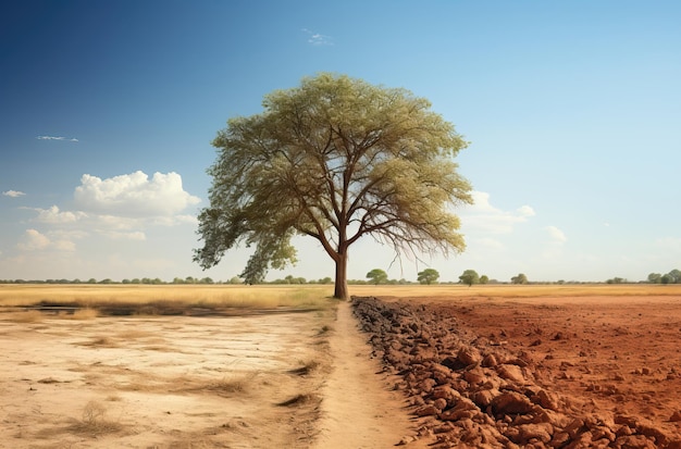 Ajardine un árbol solitario en un campo durante una estación seca Enfoque suave selectivo