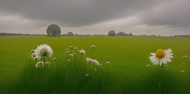 Ajardine un campo con flores silvestres contra un cielo nublado tormentoso