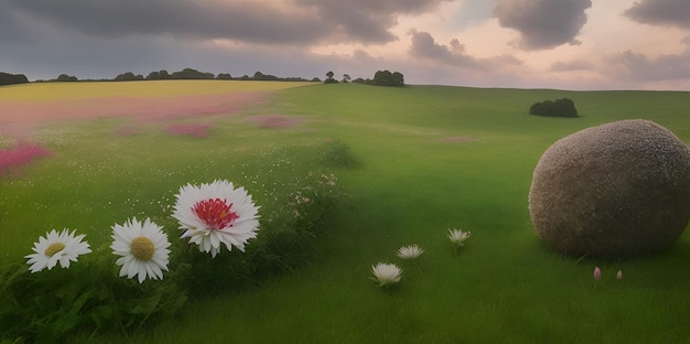 Ajardine un campo con flores silvestres contra un cielo nublado tormentoso