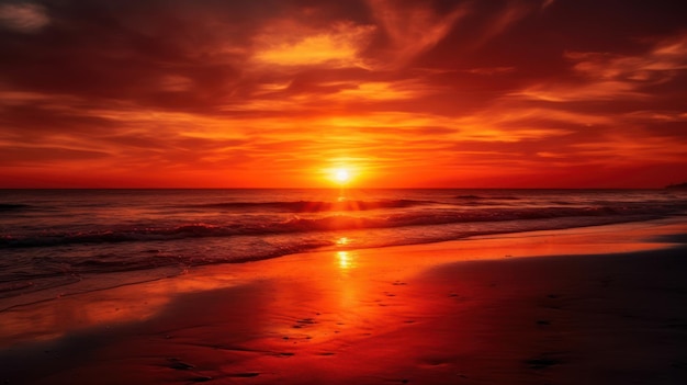 Ajardine el cielo anaranjado de la puesta del sol de la tarde sobre la superficie tranquila del espejo del ai generativo del mar