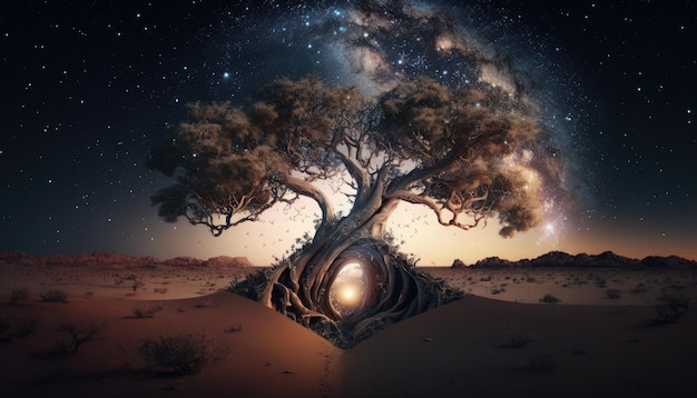 Ajardine com a via láctea da árvore mística e as estrelas no céu Generative AI