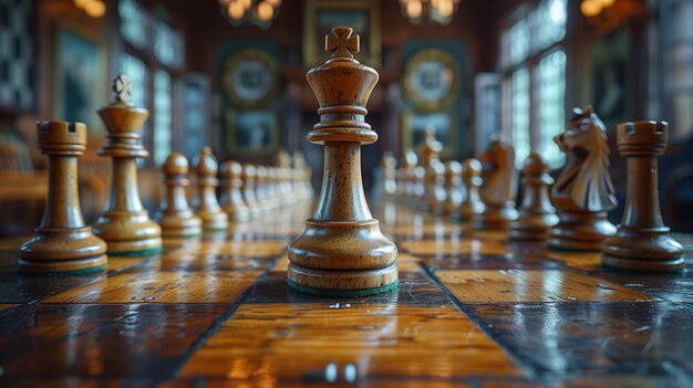 Ajedrez en el juego de tablero de ajedrez para negocios metáfora concepto de liderazgo seleccione centrarse en el ajedrez rey