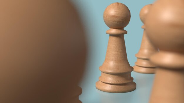 Ajedrez de madera en fondo azul imagen renderizado en 3D