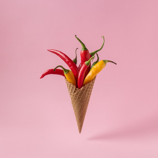 Ají picante en cono de helado en superficie rosa.