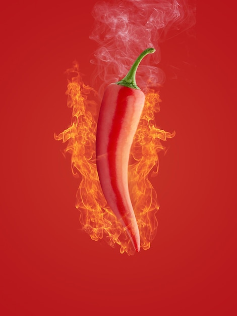 Ají rojo con llama ardiente y humo sobre fondo rojo. Concepto creativo de alimentos.