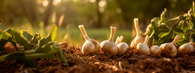 Foto el ajo crece en el jardín generativo ai