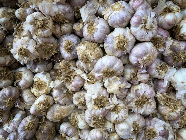 Ajo fresco en primer plano de la mesa de mercado