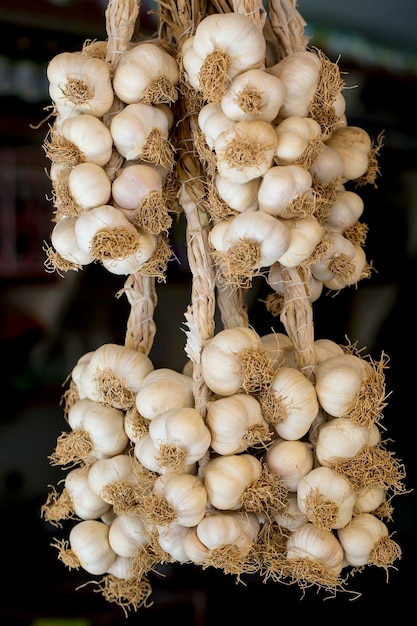 Ajo recién recogido en una cesta azul en el mercado. Verduras útiles para picante, especias. Cebolla de foto macro. Vista superior. De cerca.