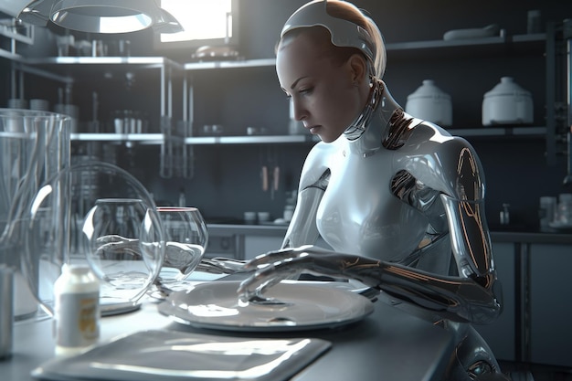 Ajudante androide feminina Sybernetic A Inteligência Artificial ajuda na vida cotidiana Robô mais limpo cozinha máquina de lavar louça AI para diversão e entretenimento futuro Humanóide se parece com ser humano Generative AI