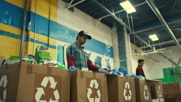 Foto ajudantes de atividade do centro de reciclagem a separar os contentores de produtos recicláveis para diferentes categorias