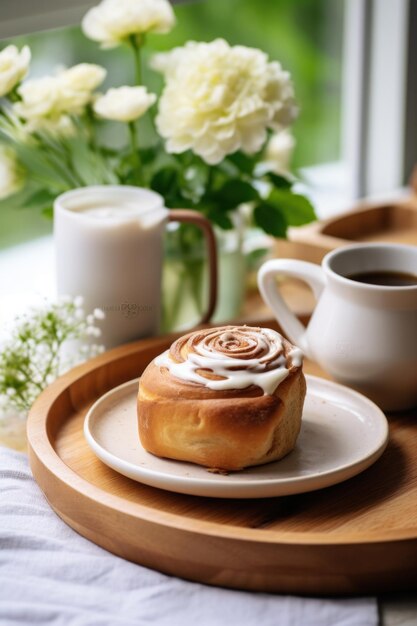 ajuste acogedor de una taza de café con un pan de canela y un jarrón de flores colocado en una bandeja de madera