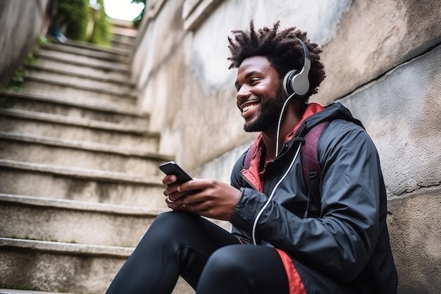Ajuste desportivo jovem negro sentado em escadas urbanas de concreto segurando o telefone usando aplicativos móveis ouvindo música Forte cara étnico africano usando fones de ouvido olhando para o smartphone ao ar livre Vista superior