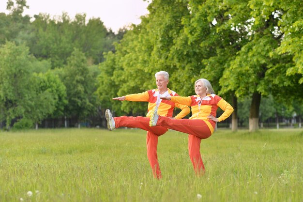 Ajuste feliz pareja senior haciendo ejercicio en el parque