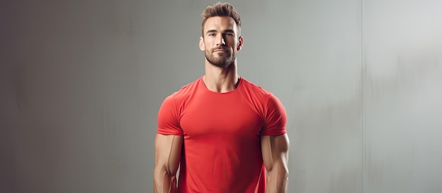 Ajuste hombre en gimnasio yoga clase copia espacio banner fitness competencia camiseta fondo blanco