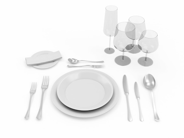 El ajuste de la mesa aislado en blanco