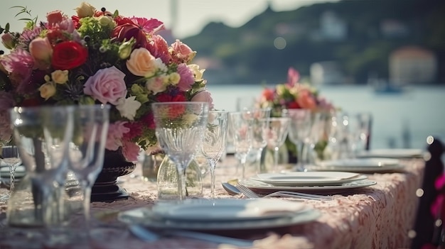 Ajuste de la mesa en bodas de lujo y hermosas flores con ai generativo