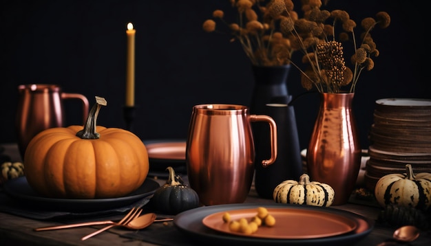 Ajuste de la mesa para celebrar el Día de Acción de Gracias diseño moderno en negro y bronce