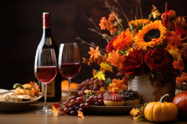 Ajuste de la mesa de otoño para la celebración de la fiesta familiar del Día de Acción de Gracias o de los Amigos generado por IA