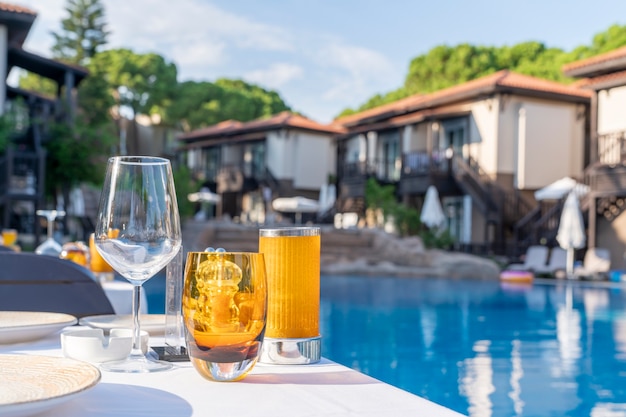 Ajuste de la tabla. vasos vacíos en el fondo de la piscina y las villas del hotel. servicio de huéspedes en el hotel en el verano de vacaciones, antecedentes