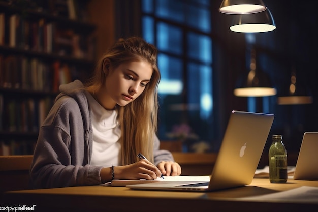 Akademische Verfolgung einer jungen Studentin, die am Laptop arbeitet und sich mit generativer KI beschäftigt