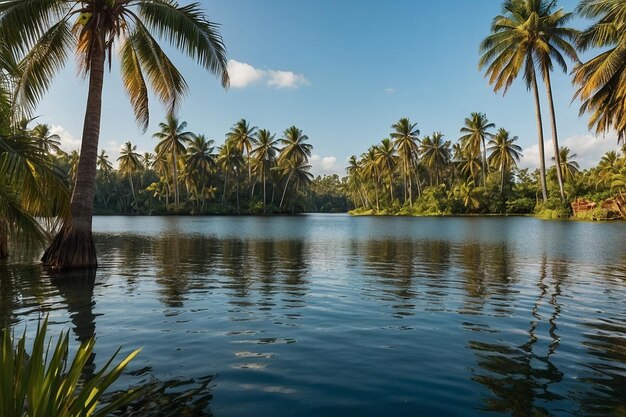 Foto un ake tranquilo rodeado de altas palmeras