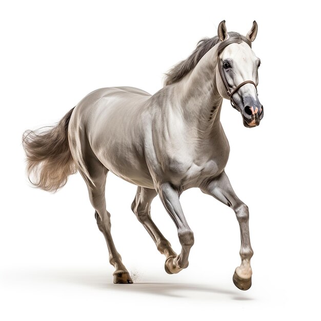 Foto akhal teke cinza cavalo correr galope isolado em fundo branco