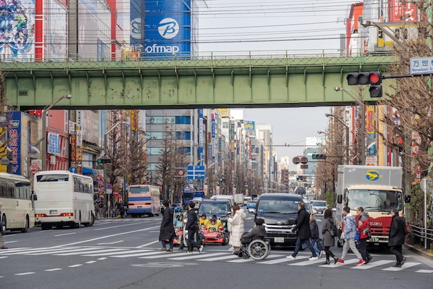 Akihabara com multidões indeterminadas pessoas caminhando com muitos edifício em tóquio, japão.