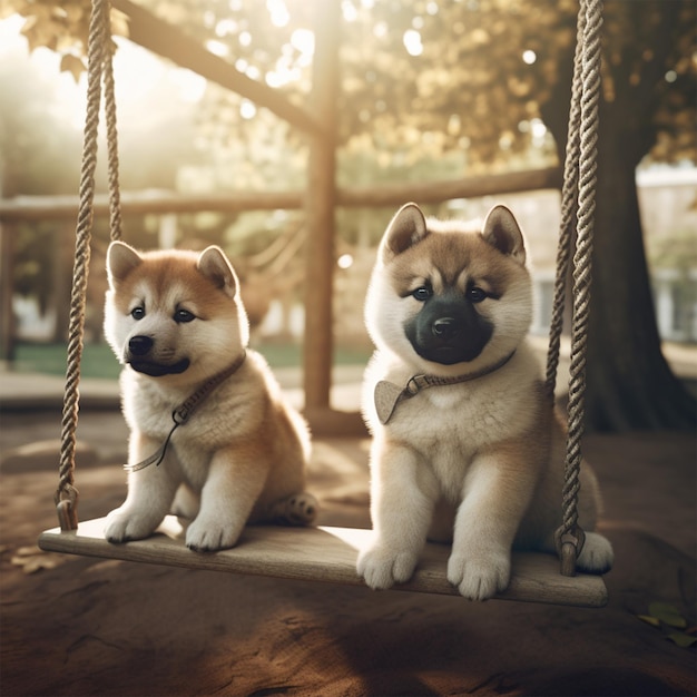 Akita-Hündchen sitzen auf einer Schaukel im Park