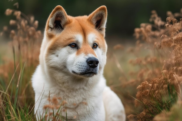 Akita Inu Eckzahn auf üppigem Gras