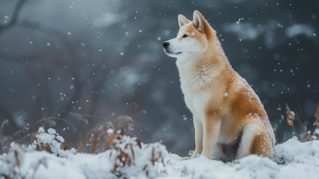 Akita Inu perro siberiano en la nieve realista.