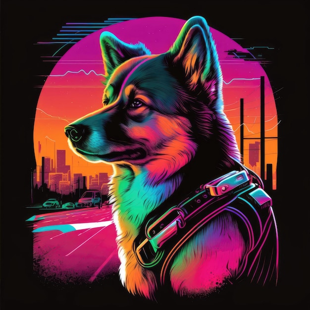 Akitas Dog 80s Synthwave Camiseta detallada Arte vectorial con colores vivos IA generativa