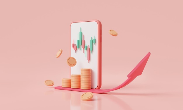 Aktien- und Devisenhandel und Wachstum auf dem Smartphone-Bildschirm Börsendiagramm Bitcoin-Kryptowährung Wachsender Finanzindex Online-Handel Finanzinvestitions-Apps 3D-Symbol rendern Illustration