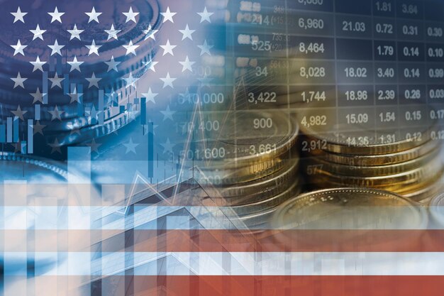 Foto aktienmarktinvestitionen handel mit finanzkünsten und usa-amerika-flaggen oder forex für die analyse von gewinnfinanzierungsgeschäftstrenddaten hintergrund