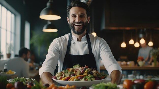 Aktion eines professionellen Koch, der in der Küche eines Restaurants arbeitet, in einem dunklen Hintergrund