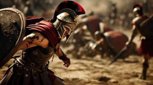 Foto aktionsszene von spartanern in der schlachtarena generative ki